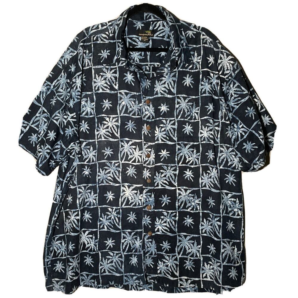 Newport Blue Men 2X Short Sleeve Button Up Palm Trees Hawaiian Shirt 100% Cotton